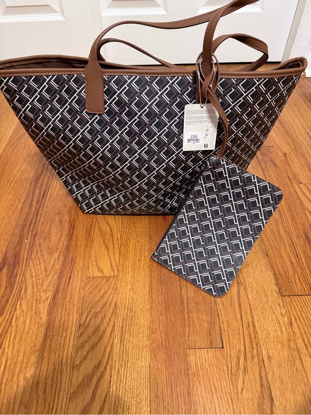 Brand New Primark Brown and Black Geometric Tote with Matching Pouch